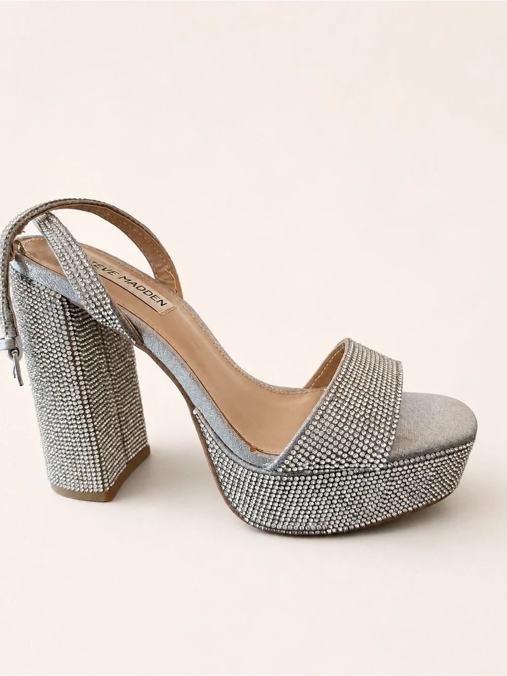 Steve Madden Silver Crystal Platform Block Heel Sandal